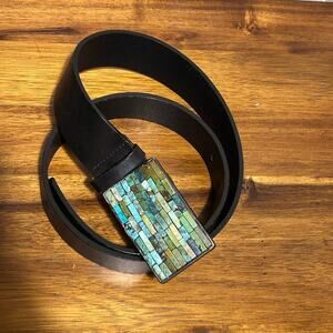 Streets Ahead Vintage Turquoise Mosaic Inlay Black Leather Belt Size M